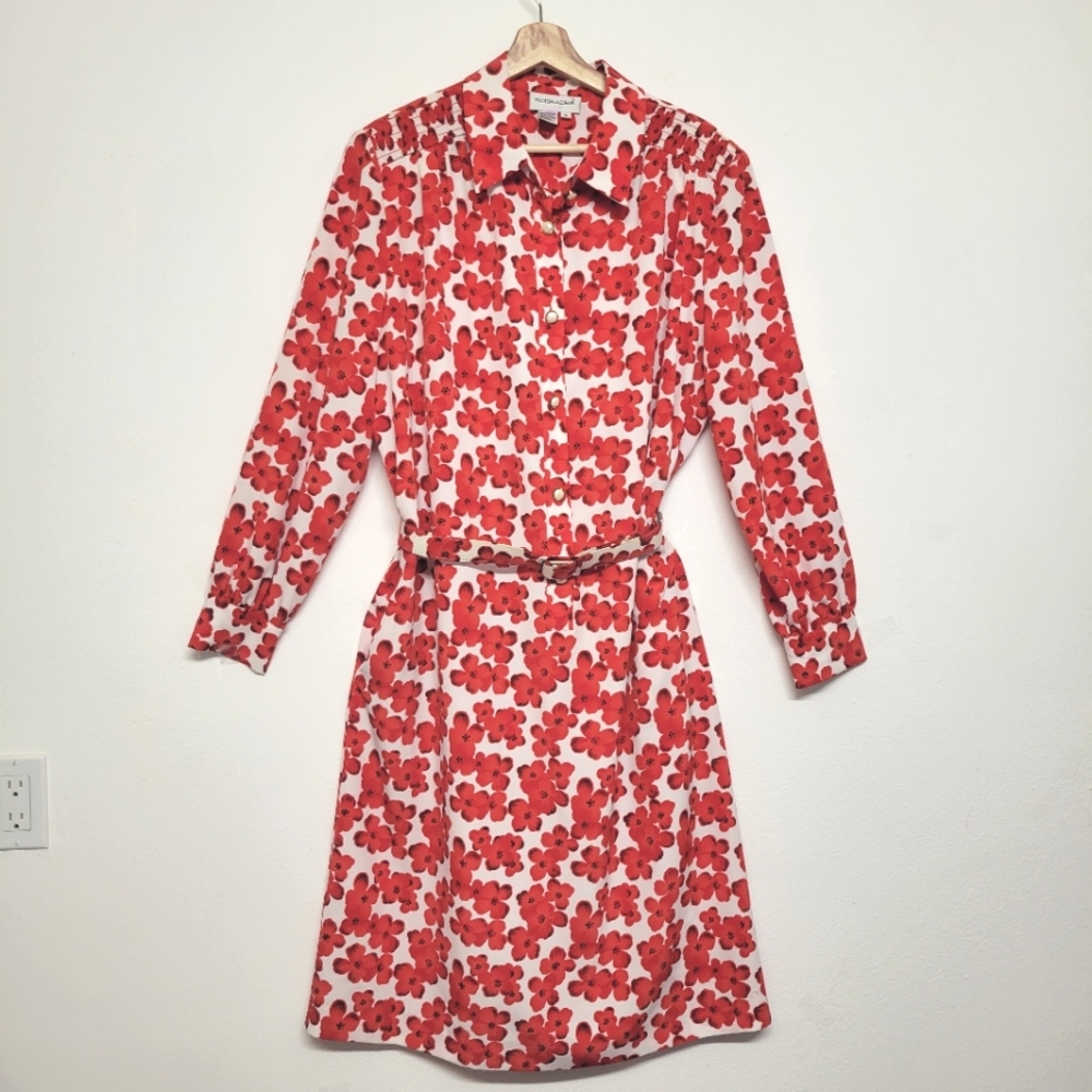 Vintage Schrader Elegant Red Poppy Floral Long Sleeve Dress With Buttons, Pocket